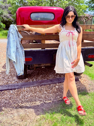 White Crochet Gingham Tie Dress