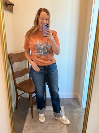 Dark High Rise Straight Cuffed Jeans
