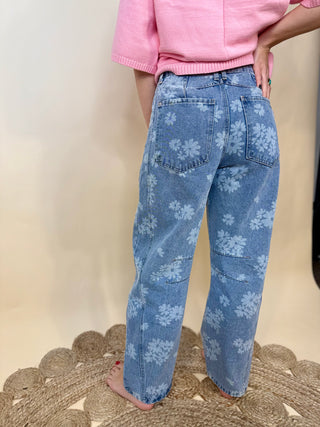 FLORAL WASHED BARREL JEANS