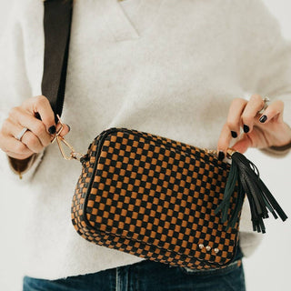 Woven Willow Camera Crossbody Bag Checkered Coffee