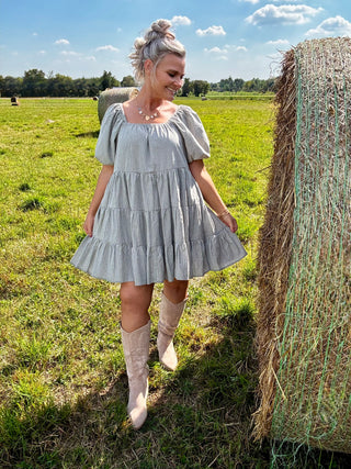 Olive Striped Puff Sleeve Mini Dress
