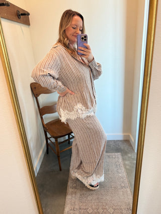 Mocha Striped Lace-Hem Blouse