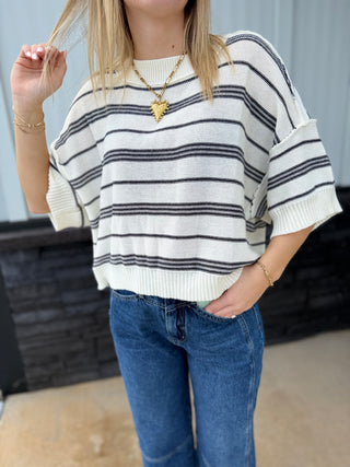 Navy Striped Boxy Short Sleeve Sweater