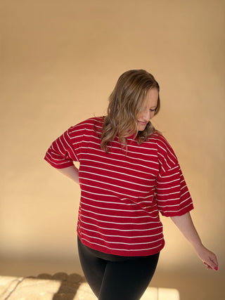 Red Striped knit short sleeve Top