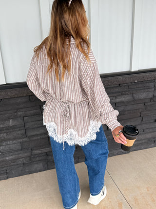 Mocha Striped Lace-Hem Blouse