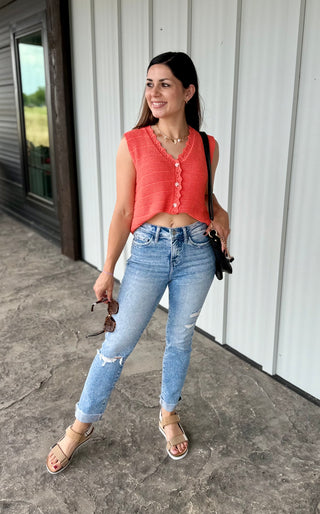 High Rise single Cuff Crop Straight Denim -Lovervet