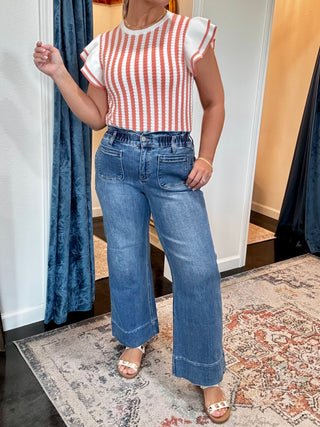 High Rise Crop Wide Leg Ruffle Waist