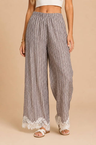 Mocha Lace-Trimmed Wide-Leg Pants