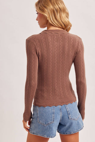 BUTTON DOWN SCALLOPED HEM SWEATER TOP