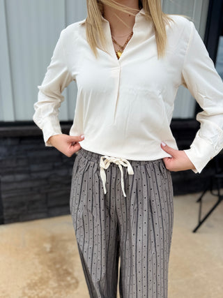 Cream Collared V-Neck Blouse