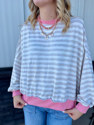 Pink & Oatmeal striped crewneck top