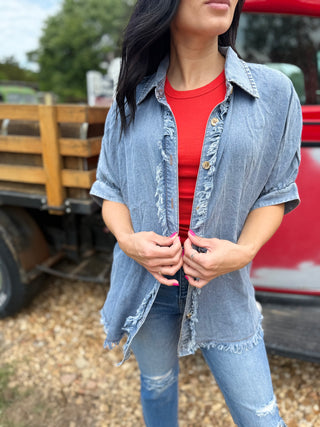 Frayed Trim Denim Button Top