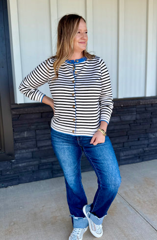 Black & white stripe button cardigan w blue contrast