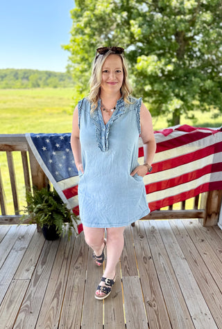Denim washed Ruffled neck dress