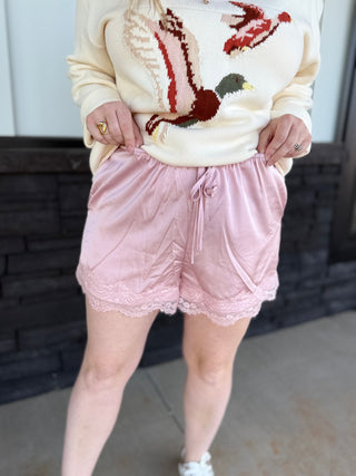 Mink Lace Trim Satin Shorts