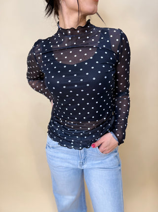 Black polka dot mesh top