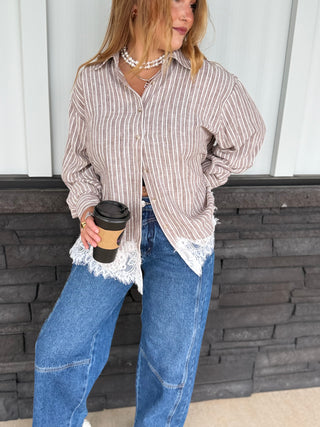 Mocha Striped Lace-Hem Blouse