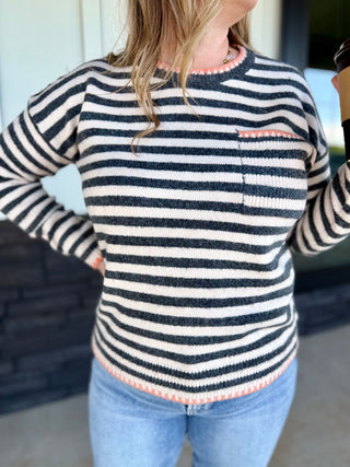 Grey Striped sweater with Chest pocket