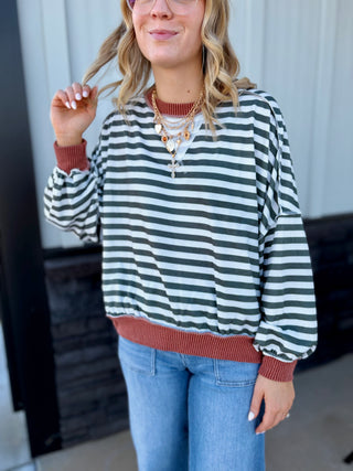 Olive & Rust striped crewneck top