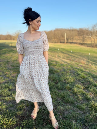 Cream Smocked Midi Dress
