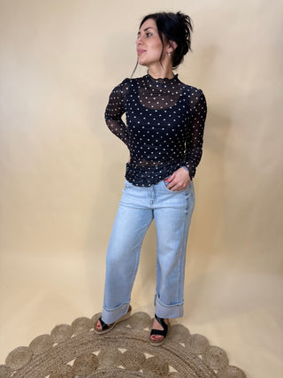 Black polka dot mesh top