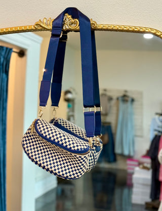 Birdie Saddle Checkered Crossbody Bag: Navy Checkered