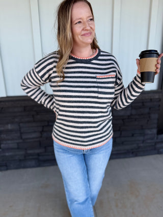 Grey Striped sweater with Chest pocket