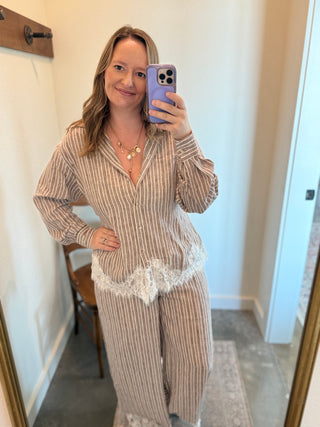 Mocha Striped Lace-Hem Blouse