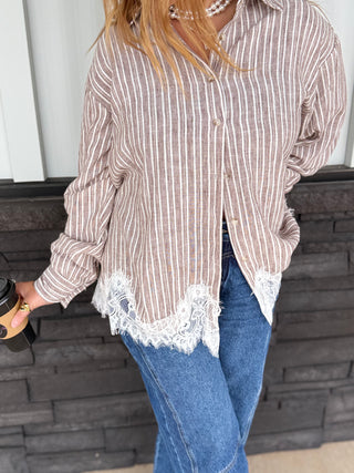 Mocha Striped Lace-Hem Blouse