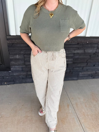 Cream & Brown Striped Drawstring Pants