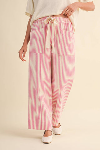 PINK STRIPED WIDE LEG DRAWSTRING PANTS
