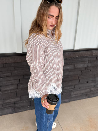 Mocha Striped Lace-Hem Blouse