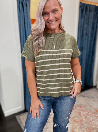 Olive Striped Short sleeve sweater