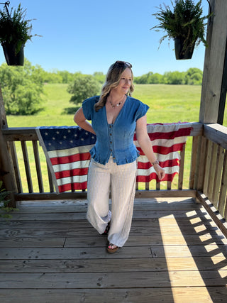 Pleated sleeveless denim top