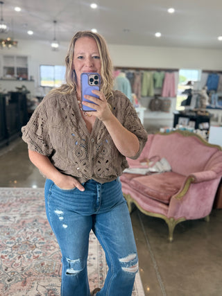 Cocoa Batwing Button Down Crochet Cardigan Top