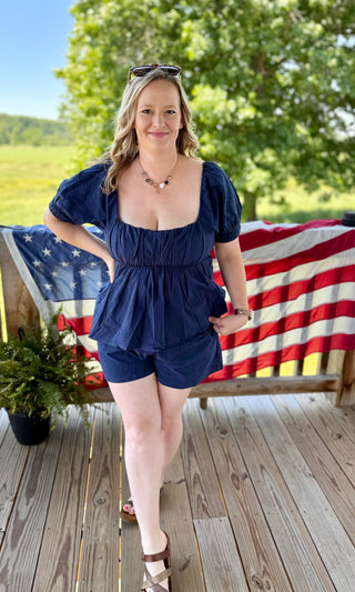 Navy Open Tie Back Top with Matching Shorts