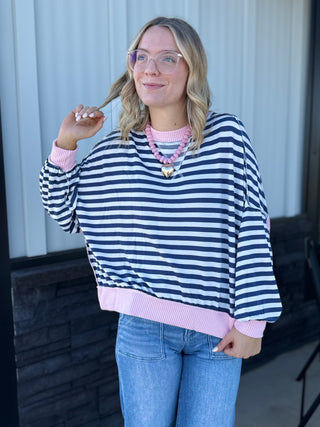 Navy & Pink striped Crewneck Top