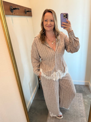Mocha Striped Lace-Hem Blouse