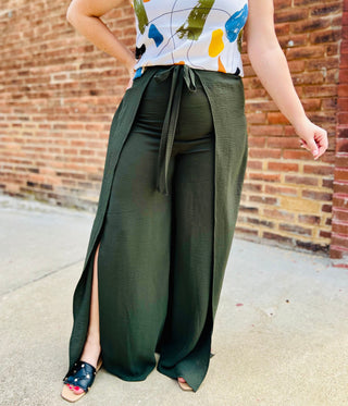 Olive tie pant with split leg