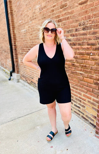 Black Textured Knit Romper