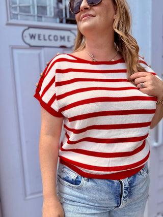 Red Striped knit Button Shoulder top