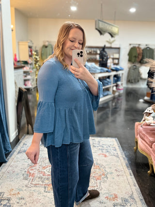Sweater like knit flowy top- denim blue
