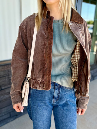 Brown Mineral Wash Corduroy Bomber Jacket