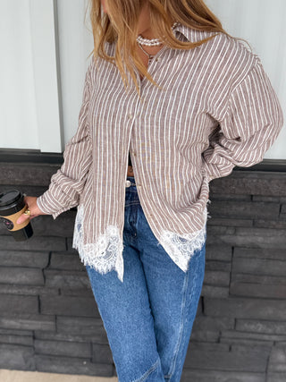 Mocha Striped Lace-Hem Blouse