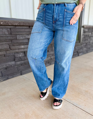 Mid Rise Barrel Patch Pocket Jeans
