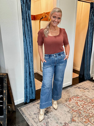 High Rise Crop Wide Leg Ruffle Waist
