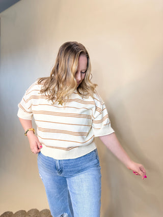 Honey Oat Striped Short Sleeve Sweater