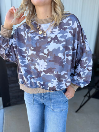 Camo Ribbed back Crewneck top