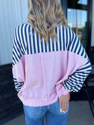 Navy & Pink striped Crewneck Top