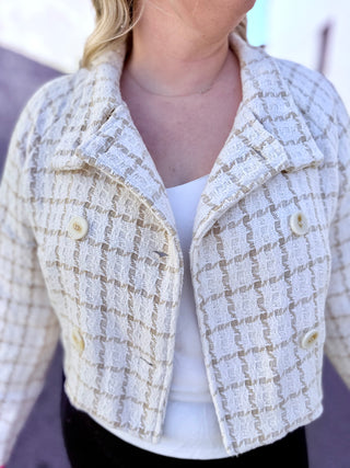Cream Tweed Plaid Double-Breasted Jacket